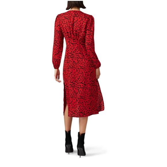 Women’s Small Caara Red Black Animal Print Midi Dress Long Sleeve - READ - Picture 3 of 9